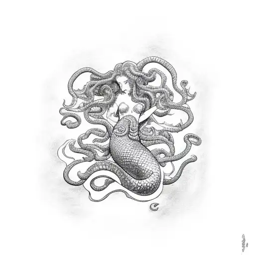 Medusa Mermaid Line Art In Red Ink