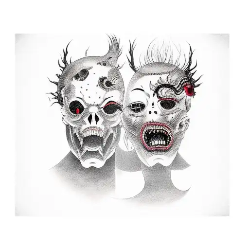 Horror Gore Dark Creepy Japanese Woman Eating A Japanese Mans Head That Is Throwing Up Knifes