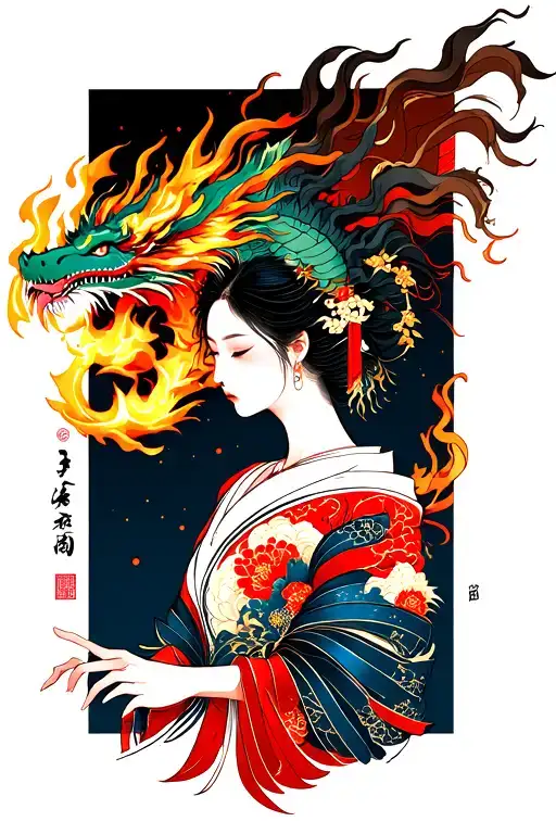 Japanese Woman And Dragon Breathing Fire