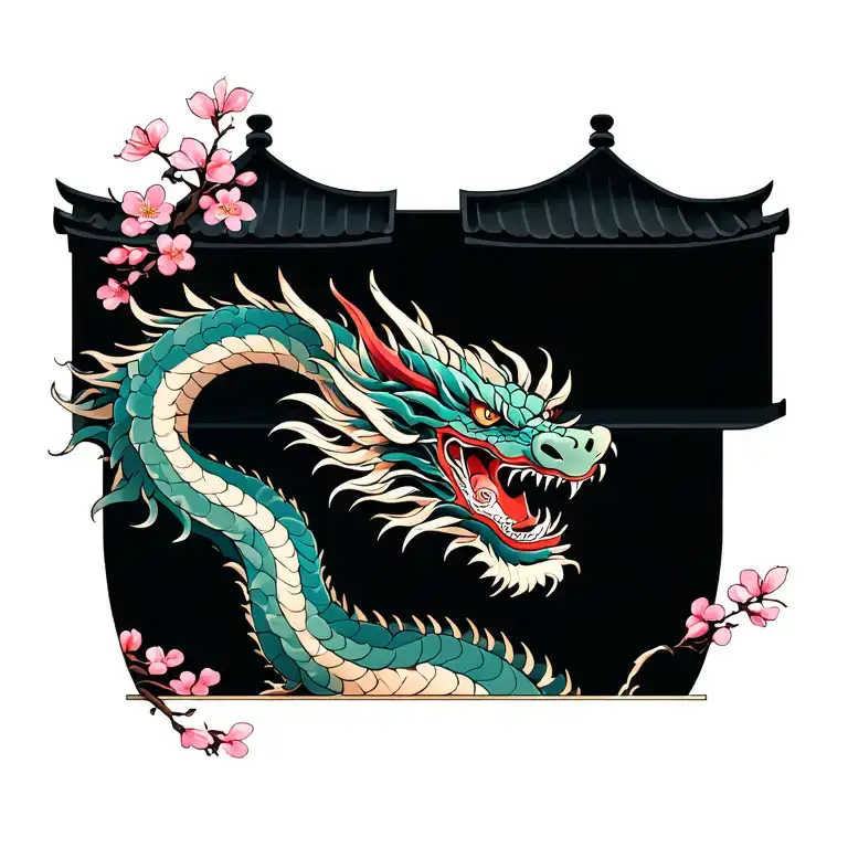 Japanese Dragon With Pagoda Temple With Cherry Blossoms