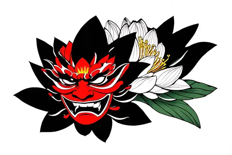 Japanese Oni Mask And Water Lily