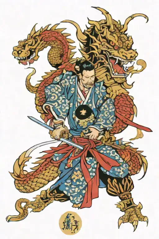 Japanese Samurai Battiing A Dragon Wrapped Loosely