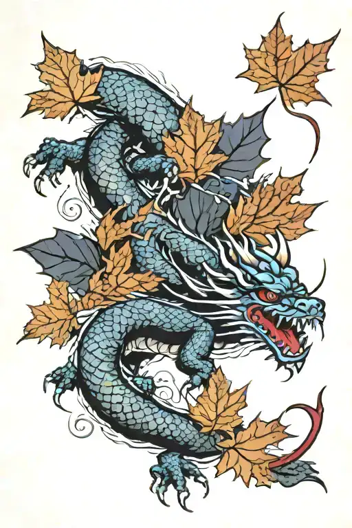 Maple Leaf Falling Next To Dragon