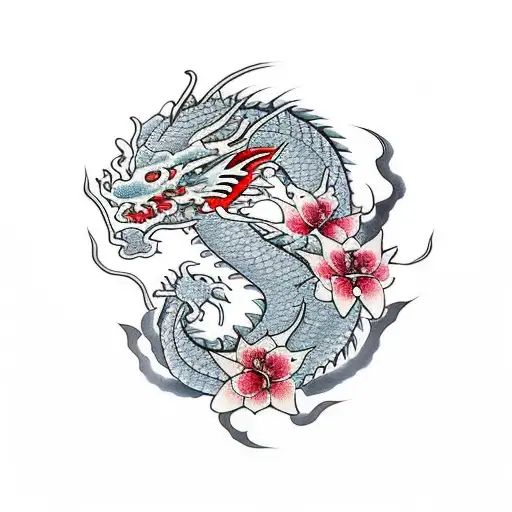 Dragon With Red Lily Flowers