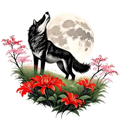 Meadow Of Red Spider Lily Flowers With Cherry Blossom Trees And Wolves Howling At The Full Moon