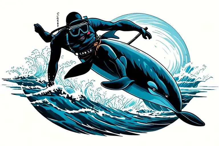 Diver Riding A Dolphin Swimming