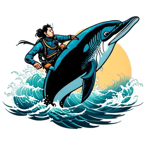 Diver Riding A Dolphin Swimming