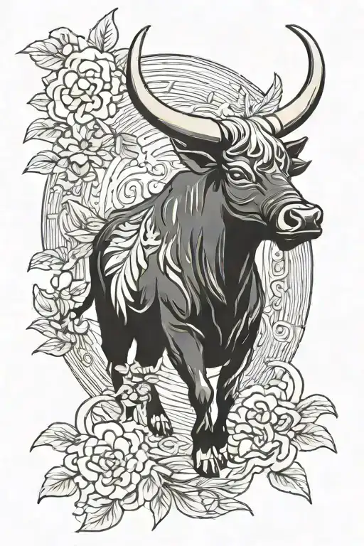 Winged Bull With A Wreath Of Leaves Around Its Neck In A Traditional Japanese Tattoo Style
