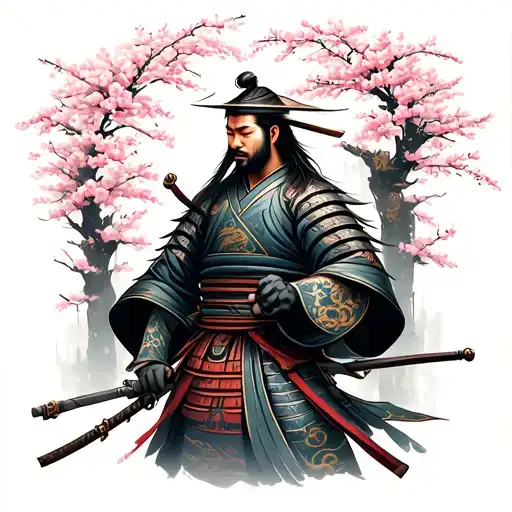 Samurai In Cherry Blossom Forrest
