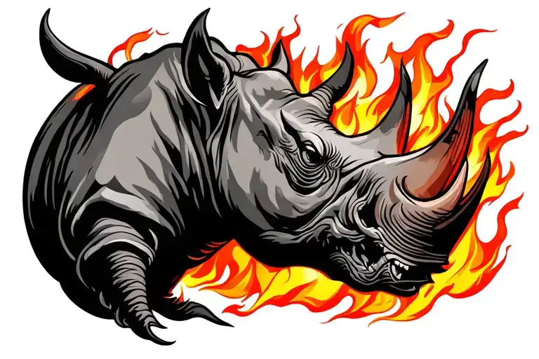 Rhino Head On Fire Flames