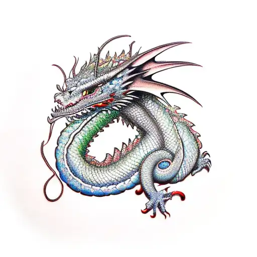 A Realistic Dragon Coiled Around A Lush Garden Filled With Vibrant Flowers And Plants