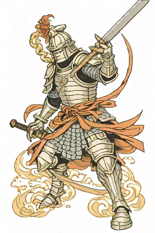 Knight Holding Sword Pointing Upwards Facing Sidewards