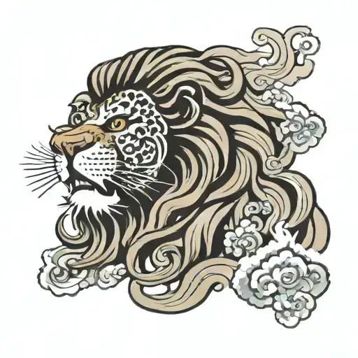 Lion Head With Japanese Circular Storm Clouds As Its Mane