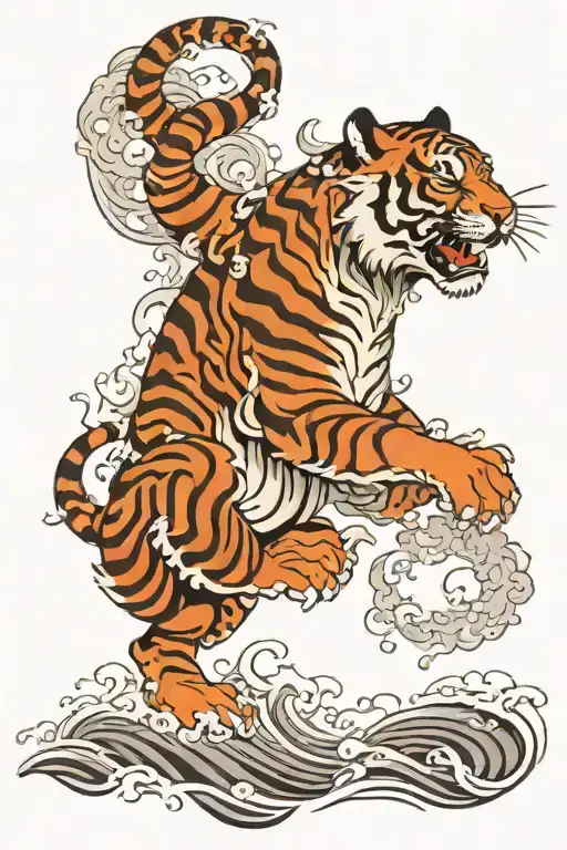 Tiger With Waves And Fire
