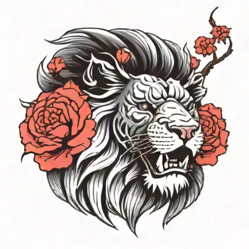 Black And White Lion With Carnation Flower Behind It