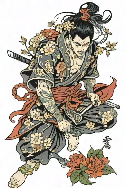 Japan Warrior With Blosom Tree Intertwined