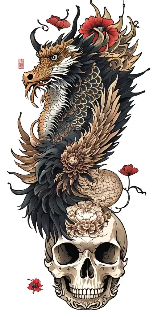 Chinese Dragon And Phoenix And Pilot Skull Wings And Crown And Poppy