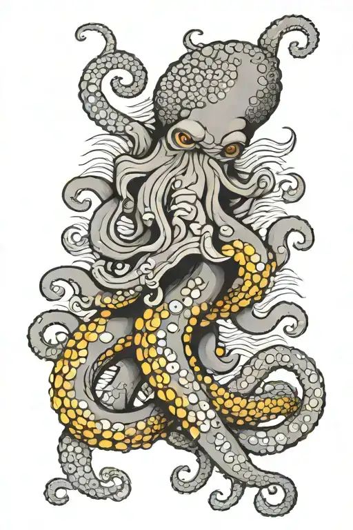 Not So Angry Octopus With Tentacles On A Backdrop Of Japanese Black And Grey Waves On Upper Arm