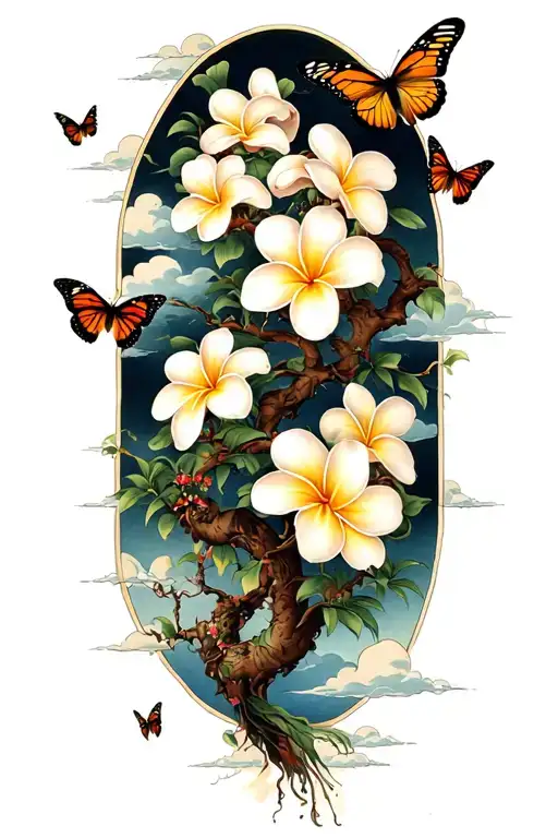 Butterflies Around A Frangipani Tree With Clouds Floating