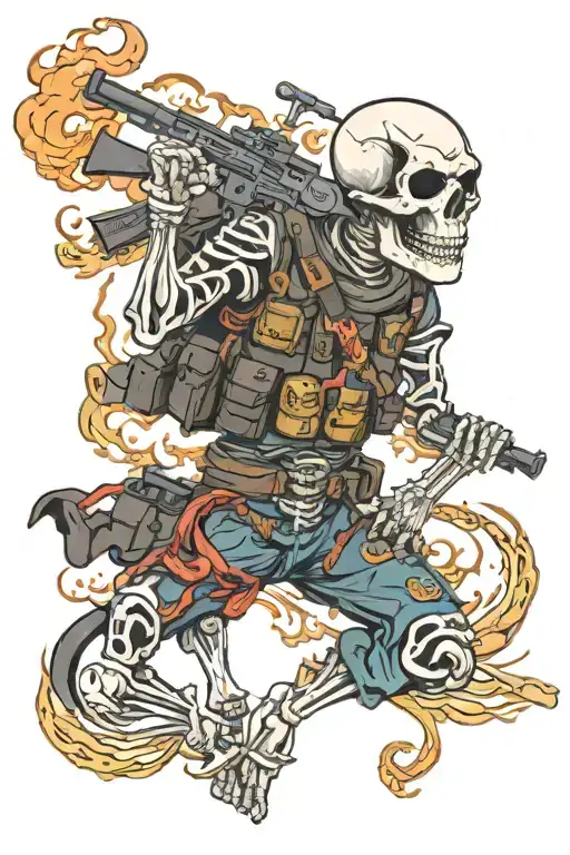 Skeleton In Army Gear With Guns And Fire