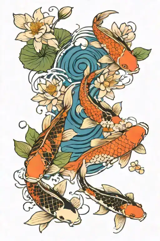 Multiple Koi Fish Swimming Downstream Surrounded By Water Lily And Cherry Blossom