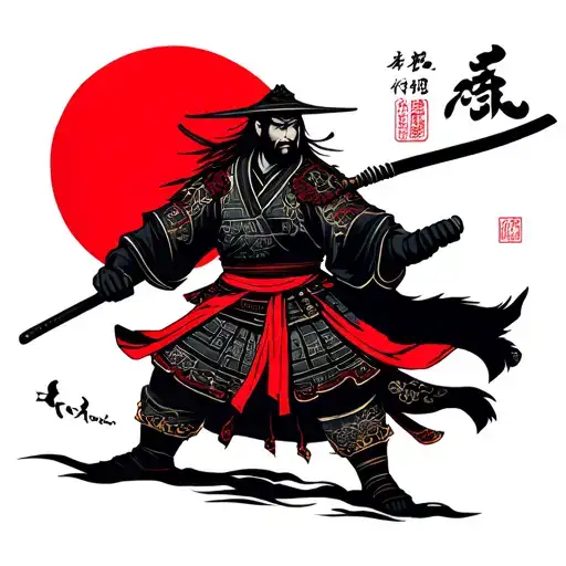 Wandering Ronin Samurai Warrior Holding Catana Red Moon Background