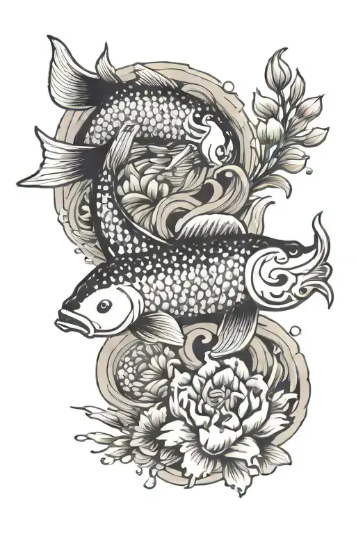 Koi Fish With Tulips Surrounding