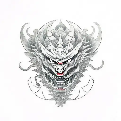 Oni Mask Cuted In Half With A Dragon In The Inside