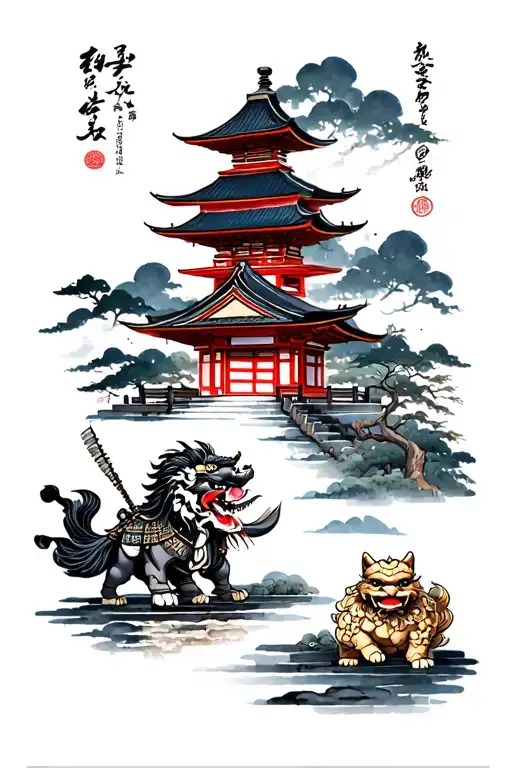 Japanese Temple With Samurai And Foo Dog