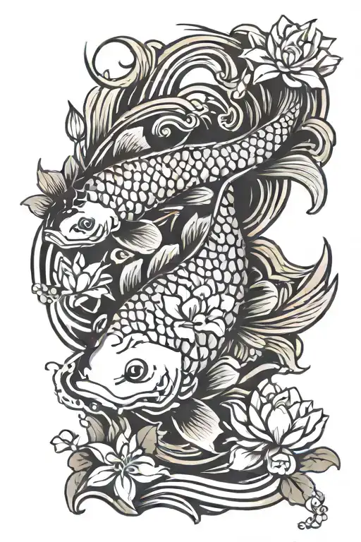 Koi Fish Swimming Upstream With Water Lilys Sprouting