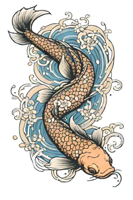 Orange Koi Fish Swimming Down Towards Bottom With Water Lilys And Cherry Blossom