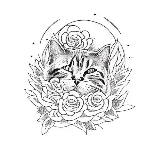 Orange Cat With Red Rozes In Front Of A Bush