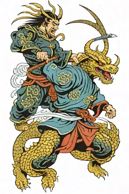A Samurai Warrior Fighting A Dragon