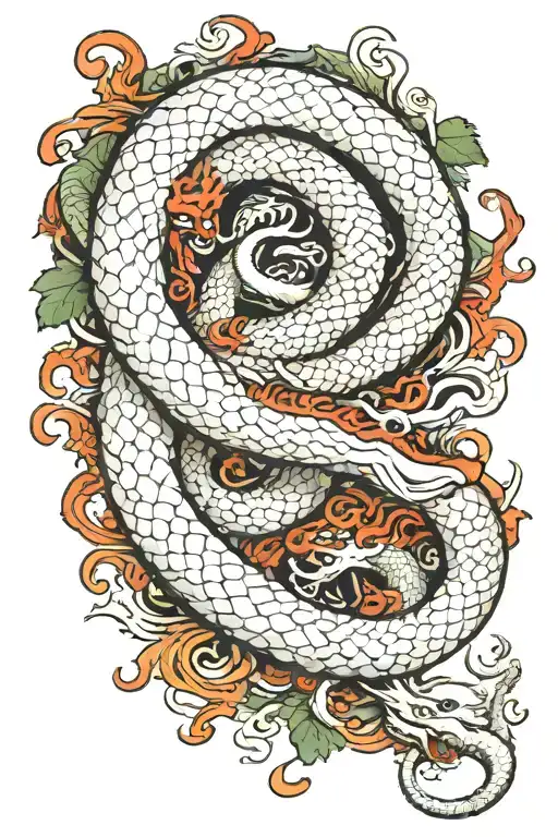 Japanese Mythology Style Where You Depict A Giant White Snake Fighting A Riujin