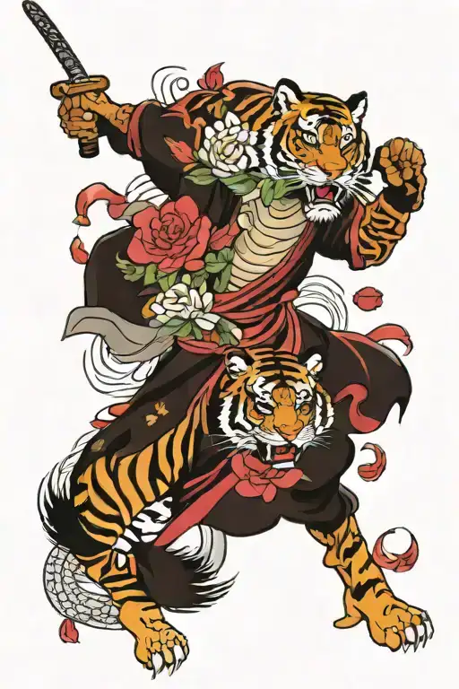 Samurai Warrior Fighting Tiger Lilly's With Roses