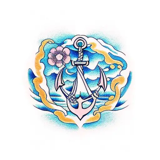 Anchor Flowers Ocean Waves Birds