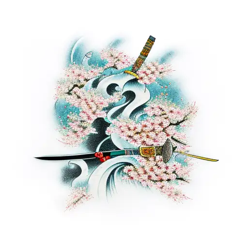 Katana With Cherry Blossoms And Fire