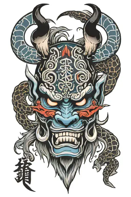 Oni Mask Rad And Blue With Nordic Runes