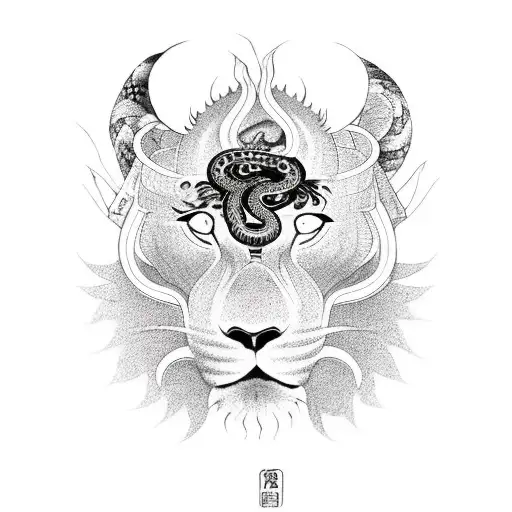 A Black Lion With Snakes Over His Head