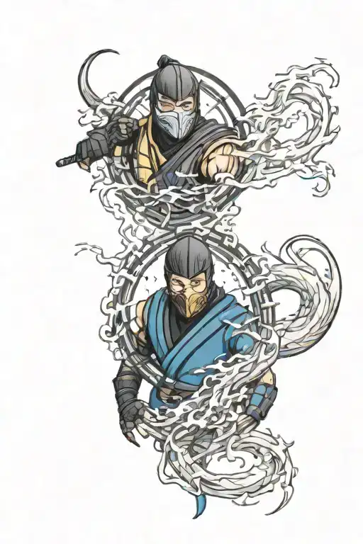 Mortal Kombat Tattoo With Scorpion And Sub-zero Split Face With Fire And Ice Black Ink