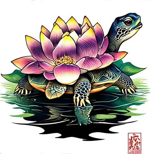 Turtle With Lotus Flowers In The Background