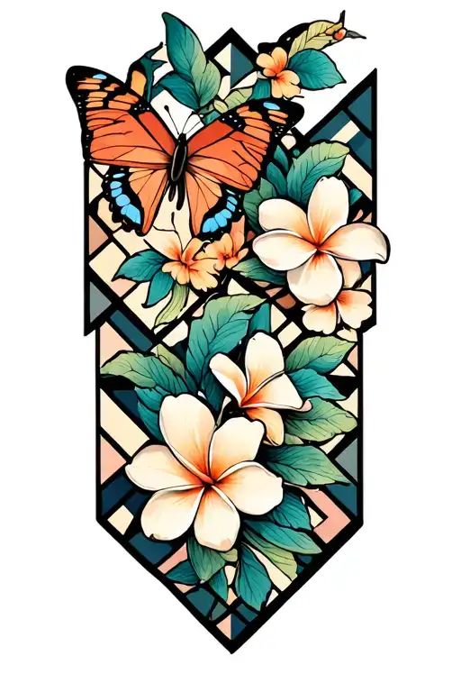 Geometric Pattern With Butterflies And Plumerias