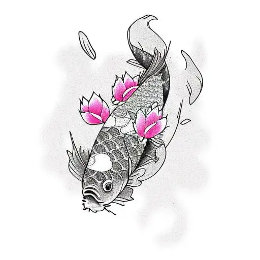 One Black And One White Koi Fish With Pink Cherrry Blossoms Floating Around Them