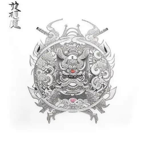 An Elegant Japanese Temple Gate With A Samurai's Katana Sword Piercing Through It