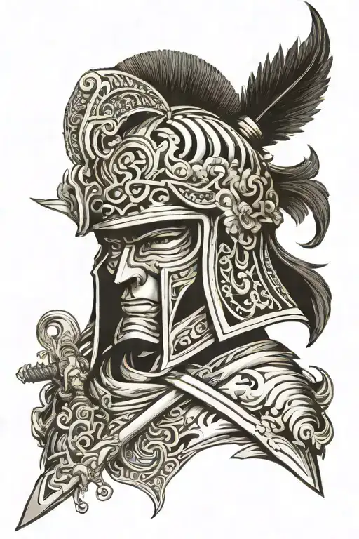 Ares Helmet With Sword In The Background Black And White