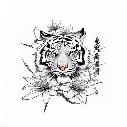 Tiger With Cherry Blossoms And Spider Lily And Samurai Sword