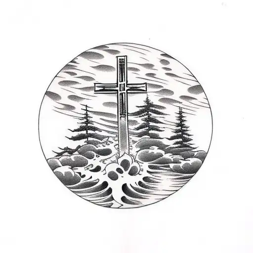 Christian Cross In Nature With Trees And Water And Fauna