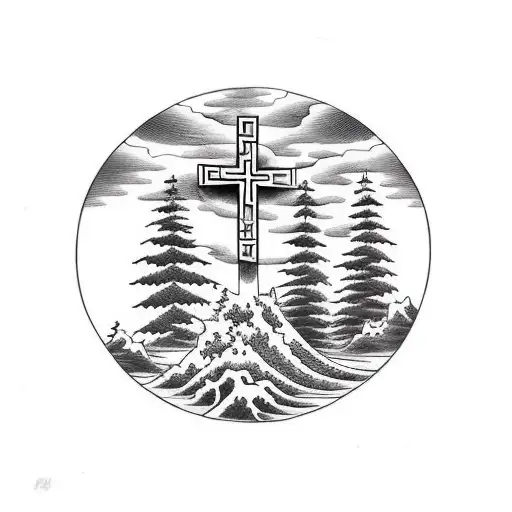 Christian Cross In Nature With Trees And Water And Fauna