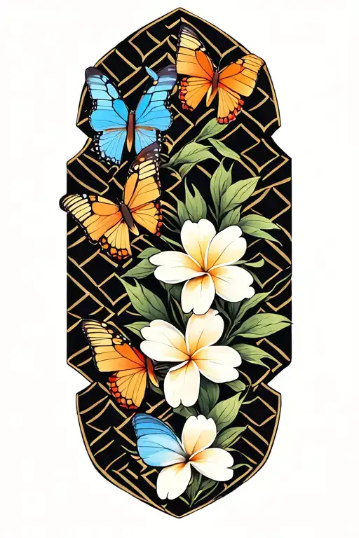 Geometric Pattern With Butterflies And Frangipanis