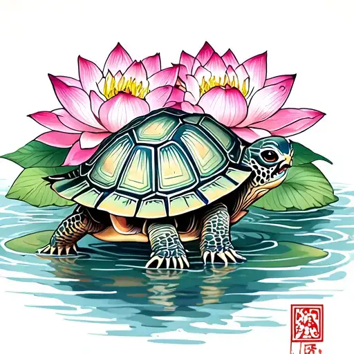 Turtle With Lotus Flowers In The Background